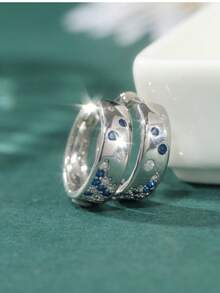 1 Pair Handmade White & Blue Cubic Zirconia Earrings Made Of Small Copper Material, Suitable For Women's Fashion Party & Engagement - Blue - View 3