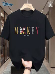 Disney Men's Mickey Mouse T-Shirt Retro Mickey Mouse EST.1928 Disneyland, 2026 Disney Shirt, Unisex T-Shirt, 220g Pure Cotton Disney Print Round Neck Short Sleeved T-Shirt, Y2k Clothes, Simple Cartoon Mickey Mouse, Suitable For Streetwear And Outdoor Sports And Leisure, Daily Wear, Men's Gifts - Black - View 2