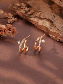 GAGAFEEL 一对925纯银精致优雅双层闪亮金色立方氧化锆耳环，女士时尚耳钉，日常佩戴，派对饰品，馈赠佳品。 - 玫瑰金 - 查看 1