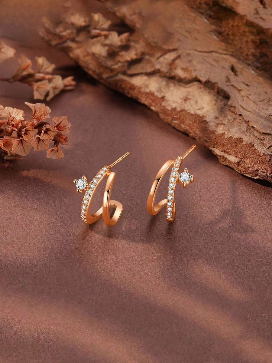 GAGAFEEL 一对925纯银精致优雅双层闪亮金色立方氧化锆耳环，女士时尚耳钉，日常佩戴，派对饰品，馈赠佳品。 - 玫瑰金 - 查看 1