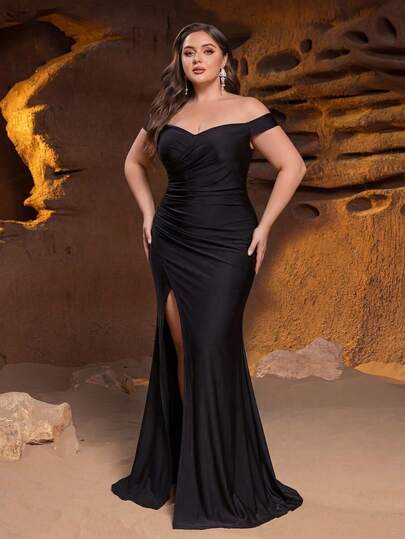 Faeriesty Elegant Off-Shoulder Mermaid Evening Gown: Satin Floor-Length Dress With High Slit, Pleated Bust Detail, Form-Fitting Silhouette, Sweeping Hem - Ideal For Wedding Photos, Ceremonies, Engagement Shoots, Romantic Anniversary, Formal Galas