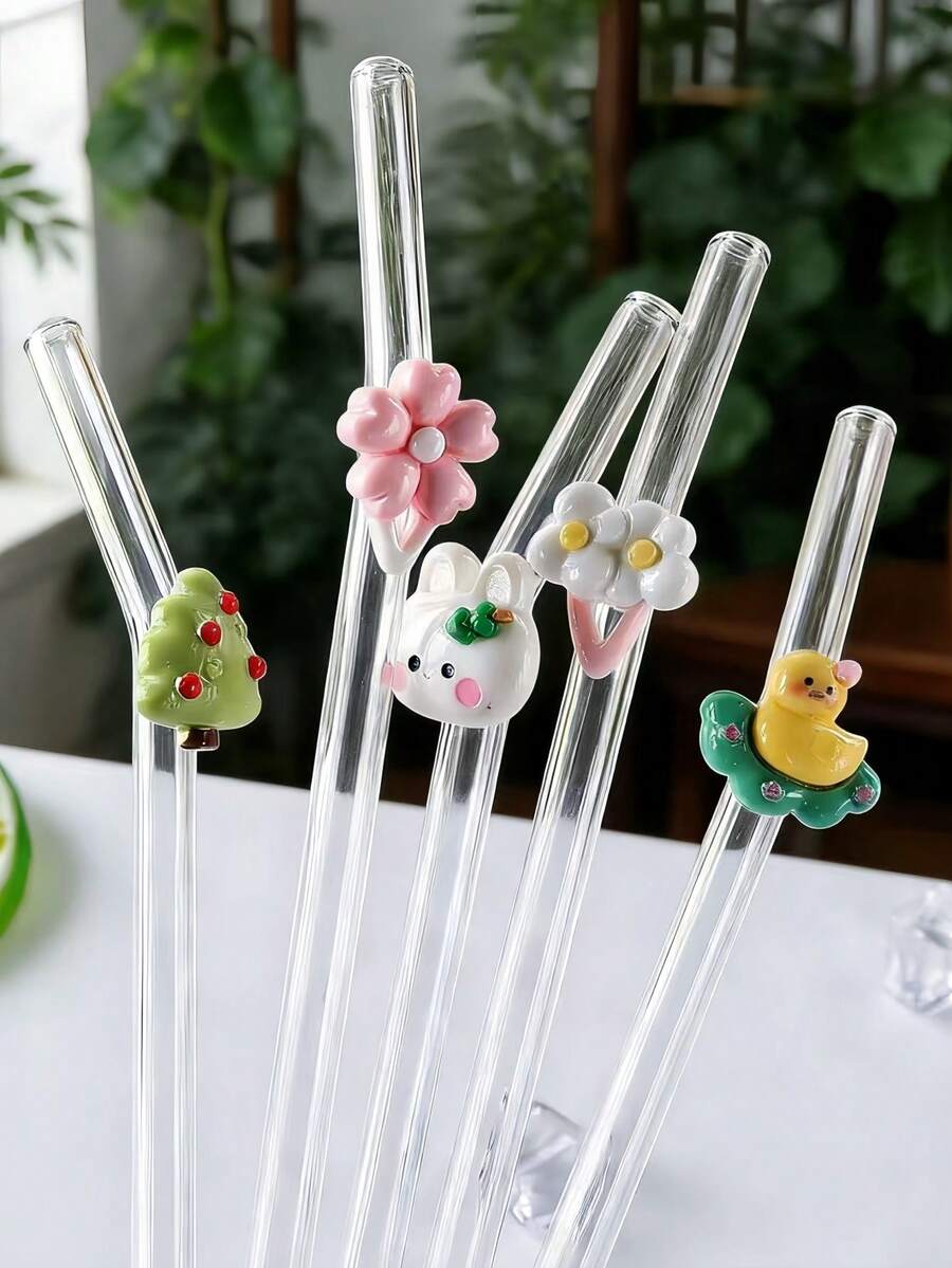 一套趣味弯曲玻璃吸管 | 专为婚礼和音乐节打造 | 含清洁刷 | 动物和花卉装饰造型 | 优雅可重复使用 | 送给女友/妻子/闺蜜的礼物 | 适用于奶昔、珍珠奶茶、冰咖啡