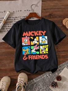 Disney Mickey Mouse And Friends Minnie Donald Daisy Goofy Pluto Squad Printed Pattern T-Shirts For Girls - Children's Clothing Design Short-Sleeved Casual And Cute Style Comfortable And Casual Wear All Year Round Suitable For Parties And Play Machine Washable Gift Children's Clothing Girls' Short-Sleeved Shirts - 黑色 - 查看 2