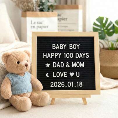 Felt Letter Board 25.5x25.5cm, Wooden Framed Message Board With 204 Letters, Numbers & Emojis, Customisable Memo Board With Stand For Home, Office & Classroom
