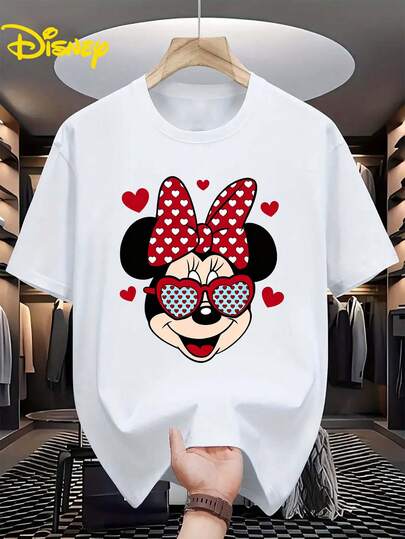  Authorized By Disney, Disney Printed A Cotton T-Shirt With Love Sunglasses And Minnie Pattern, Which Is Suitable For Everyday Street Wear And Necessary In Summer. It Is A Gift For Disney Lovers.
