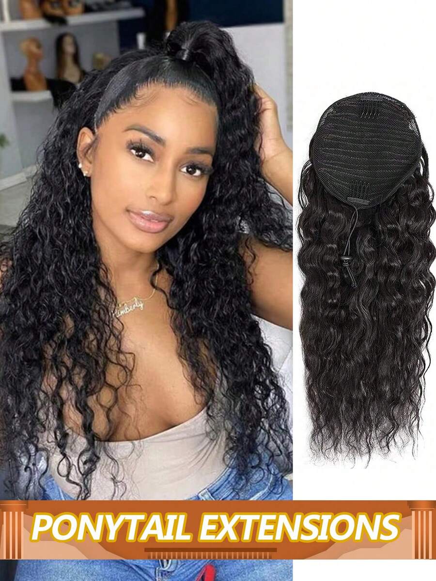 Extensiones de cabello de cola de caballo con ondas de agua, extensiones de cola de caballo con cordón de cabello humano real, fácil de instalar, negro natural #1B, adecuado para mujeres - Natural Black - Ver 1