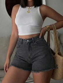 Quần short denim rách kiểu cổ điển, gợi cảm, đa năng, thích hợp mặc mùa hè, màu đen. - màu đen - Xem 5