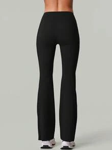 女士高腰时尚休闲喇叭紧身裤，带侧袋，适合舞蹈、瑜伽、健身和跑步 - 黑色 - 查看 9