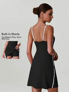 Women's Contrast Color Adjustable Spaghetti Strap Yoga Tennis Sports Dress Built-In Tummy Control Shorts - Black - View 2