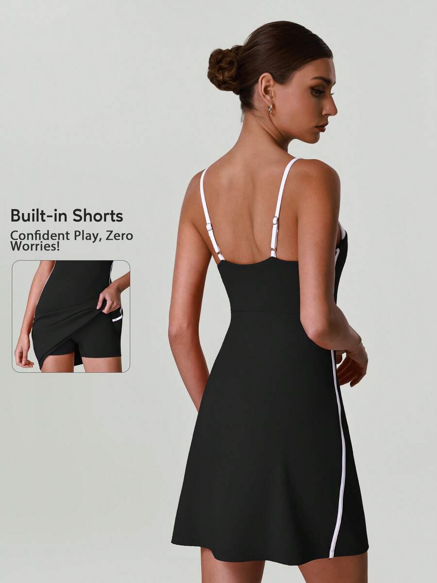 Women's Contrast Color Adjustable Spaghetti Strap Yoga Tennis Sports Dress Built-In Tummy Control Shorts