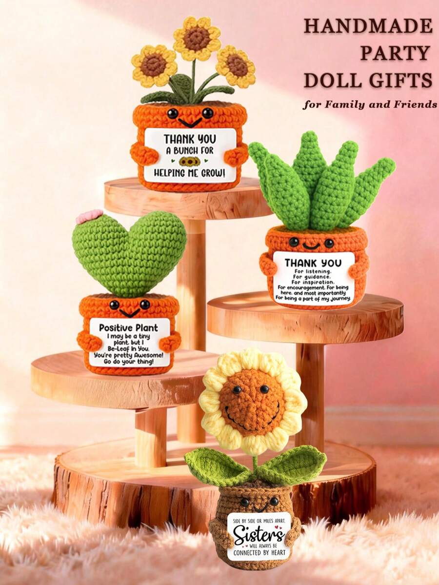 4pcs/Set Handmade Crochet Desktop Decor Ornaments, Cute Potted Plant Dolls, Great Birthday Gift For Best Friends, Sisters, Moms, Grandmas, Coworkers, Family, Keychain, Positive Emotion Support, Christmas, Valentine's Day, Thanksgiving, Room Decor, Plush Toys - Multicolor - View 1