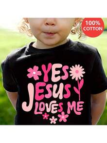 Camiseta de algodón con estampado floral para niña "Sí, Jesús me ama". Suave y transpirable, cuello redondo, manga corta y lavable a máquina. Camiseta rosa floral de verano para niña. - Negro - Ver 1