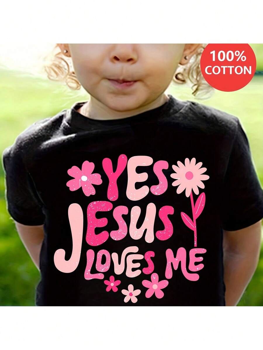 Camiseta de algodón con estampado floral para niña "Sí, Jesús me ama". Suave y transpirable, cuello redondo, manga corta y lavable a máquina. Camiseta rosa floral de verano para niña. - Negro - Ver 1
