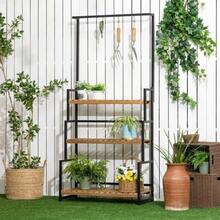 3-Tier Plant Stand With Fixing Hooks, Made Of Natural Wood, 80 Cm X 36 Cm X 174 Cm, Natural - 1PC - View 1