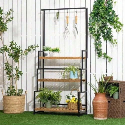 3-Tier Plant Stand With Fixing Hooks, Made Of Natural Wood, 80 Cm X 36 Cm X 174 Cm, Natural - 1PC - View 1