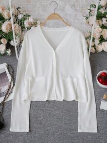 女士宽松短款罩衫，长袖开襟针织衫，轻薄春夏外套 - 白色 - 查看 7