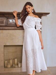Simplee 女士夏季新款法式优雅白色镂空刺绣长裙两件套，露肩泡泡袖荷叶边设计，适合婚礼宾客、下午茶、花园派对、夏季度假等场合。 - 白色 - 查看 4