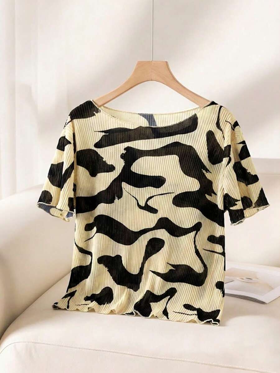 Women's Elegant Black & White Zebra Print Pleated Fabric Crew Neck Short Sleeve T-Shirt Crop Top Casual Vacation Going Out Top - Multicolor - View 1
