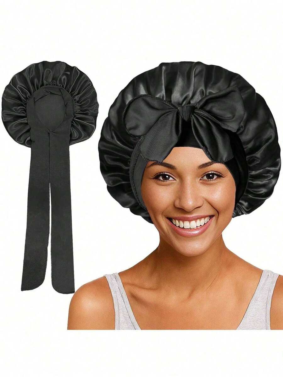 1件/2件/4件装缎面睡帽，丝滑蝴蝶结睡帽，弹性宽边女士睡帽，可卷发 - 均碼 - 查看 1