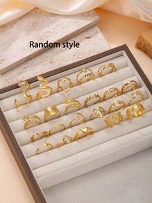 Set de 3/6/9/12/18 anillos con diseños minimalistas de estilo punk de cruz, hoja, serpiente y corazón, adecuados para uso diario o de fiesta de mujeres (se enviarán estilos aleatorios) - Dorado - Ver 1