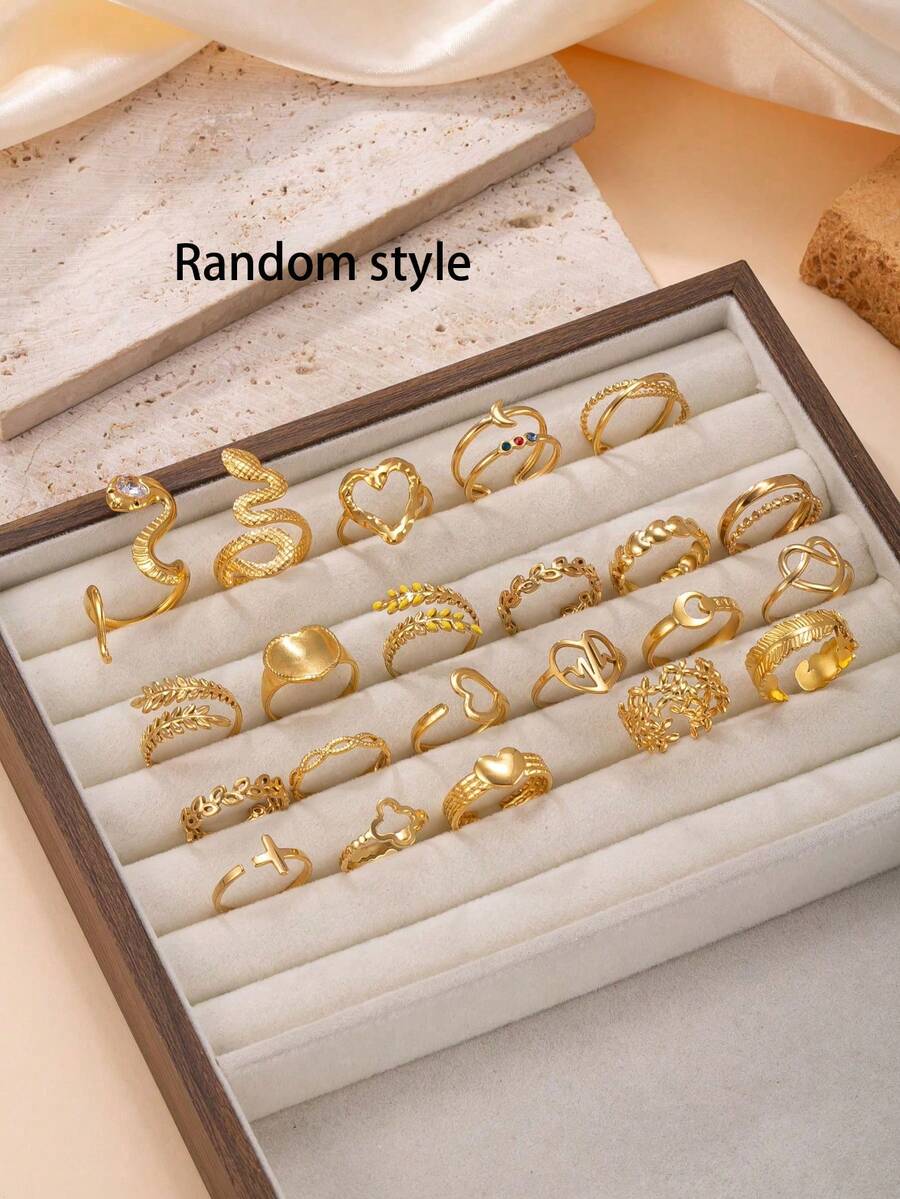 Set de 3/6/9/12/18 anillos con diseños minimalistas de estilo punk de cruz, hoja, serpiente y corazón, adecuados para uso diario o de fiesta de mujeres (se enviarán estilos aleatorios) - Dorado - Ver 1