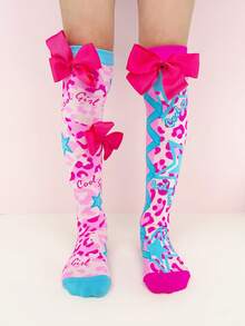 1 Pair Kids Over-The-Knee Socks, Leopard Print Bow Decor 3D Bow Design, Fun Crazy Style, Kids Socks Funny Socks Crazy Socks All Season, Suitable For Crazy Day Gifts, Parties, Valentine's Day, Wedding Season, Easter, Holidays, Outdoor And Daily Wear - Baby Pink - View 12