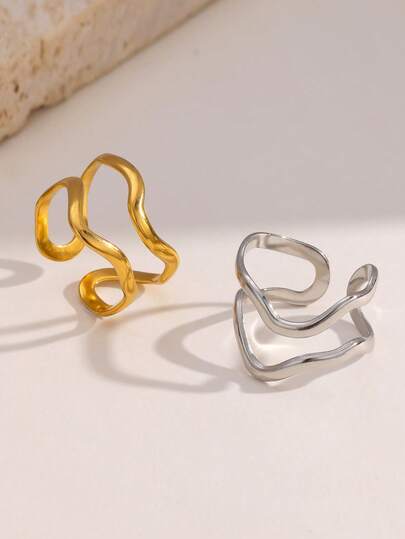 1枚简约不对称几何线条不锈钢开口戒指，时尚精致百搭的配饰，适合女性日常、派对和约会佩戴。