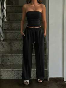 Bộ đồ mùa thu Vaiaye 2 món, áo crop top cúp ngực gợi cảm ôm sát và áo quây yoga màu trơn co giãn ôm sát, cùng quần dài màu đen thanh lịch dành cho mùa xuân/hè. - màu đen - Xem 7