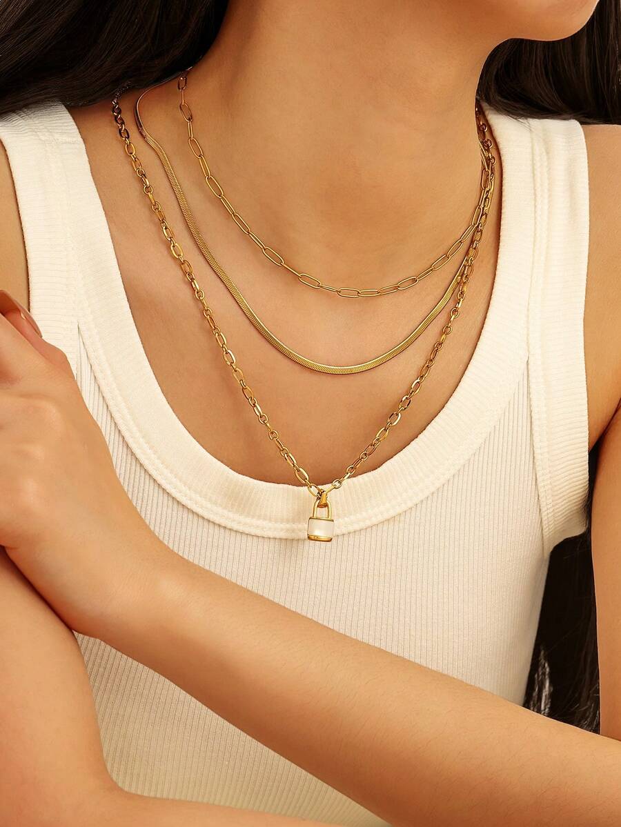 Bộ 3 món dây chuyền và mặt dây chuyền bằng thép không gỉ mạ vàng, khóa hình vỏ sò, kiểu dáng tối giản thời trang, thích hợp để phụ nữ đeo hàng ngày hoặc làm quà tặng. - Vàng - Xem 1