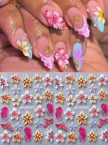 2pcs/Set Summer Ocean Style 5D Embossed Hibiscus Stickers, Shell & Jellyfish Pattern Self-Adhesive Nail Art Decorations, Women Manicure Supplies - Multicolor - View 11