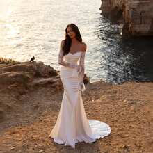 Elegant Sexy Off Shoulder Lace Long Sleeves Pleat Mermaid Satin Wedding Dress,Registry Office Dresses Bridal Gown,Evening Party Dress Birthday Party Dress Country Wedding,Romantic Church Ceremony Wedding Dress,Suitable For Wedding,Dating,Party,Singles' Party,Vacation,Formal Occasions,Dinner Dress,Prom Dress,Homecoming Dess,Cocktail Party,Wedding Guest Dress,Graduation - trắng - Xem 5