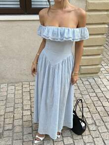 Unadoll 女士夏季性感单肩褶皱拉链设计优雅连衣裙，适合度假、约会、旅行、外出、生日、情人节等场合。 - 藍色 - 查看 7