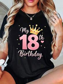 Plus Size - 18Th Birthday Commemorative 'My 18Th Birthday' T-Shirt for Women, Plus Size, Fashionable Casual Round Neck Spring And Summer Tee with Crown Pattern Print - Negro - Ver 1