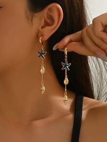 1 Pair Spring/Summer Ocean Style Seashell, Starfish & Blue Enamel Dangle Earrings, Versatile For Daily Wear, Gifts, Casual & Holiday - Yellow Gold - View 1
