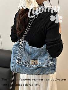 Winter New Fashion Classic Joker Solid Color Retro Wash Jeans Material Metal Chain Shoulder Bag Quilted Embroidery Thread Decoration Design Large-Capacity Shoulder Bag Suitable For Shopping And Outing. - Blue - View 3