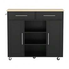 Artiss Kitchen Island Trolley Rolling Serving Cart Storage Drawer Cabinet 100cm Black - Black - View 3