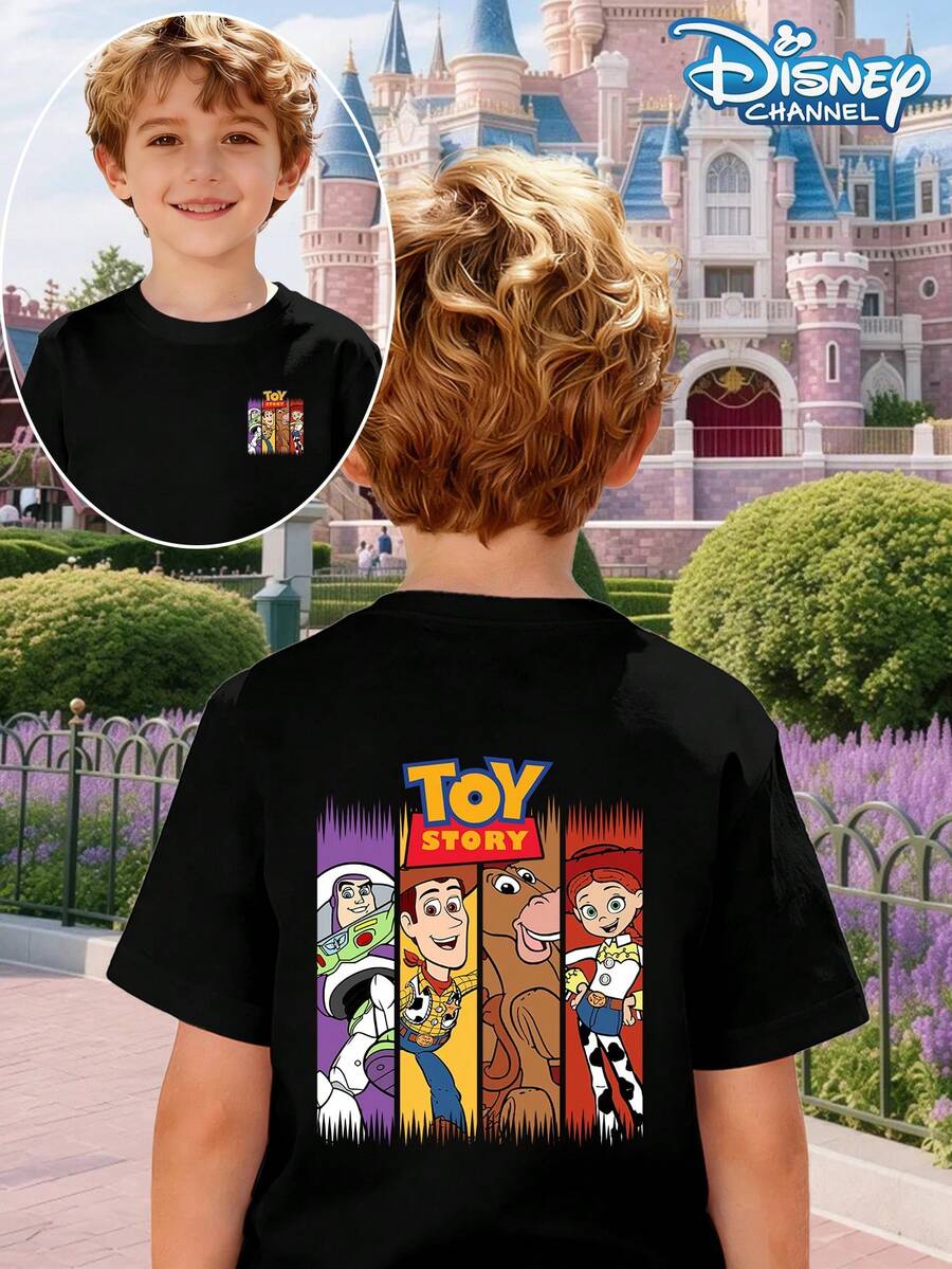 Disney T-Shirt Toy Story T-Shirt For Boys And Girls With Round Neck Short Sleeves Featuring Buzz Lightyear, Woody, Red Horse, And Trish Comic Prints, Retro And Fashion, Suitable For Summer Leisure Outings, Class Reunions, And Daily School Trips - 黑色 - 查看 1