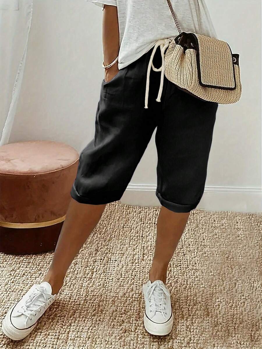 Quần short Bermuda nữ màu trơn, có dây rút ở eo và túi, kiểu dáng thường ngày, màu đen, thích hợp cho mùa hè. - màu đen - Xem 1