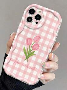 1pc Minimalist Pastoral Style Tulip Flower & Religious Slogan Pattern Asymmetrical Wavy Edge Soft Phone Case, Compatible With IPhone 11/12/13/14/15/16/17 Pro Max - Multicolor - View 2