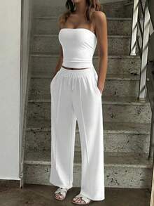 Vaiaye 两件套秋季套装，修身性感露肩短款上衣和弹力纯色修身瑜伽抹胸上衣，春夏裤装套装（白色） - 白色 - 查看 8