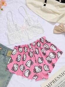 SANRIO 2pcs Hello Kitty Women Lace Deep V Camisole + Elastic Waist Shorts Pajama Set - Pink - View 8