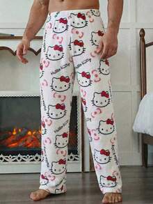 1 pieza Pantalones de pijama negros informales con Hello Kitty para hombres, pantalones rectos de anime Sanrio para cosplay, otoño/invierno - Blanco - Ver 3
