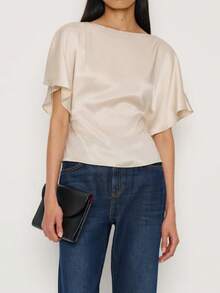 Awevudst Womens Satin Tops Crew Neck Batwing Short Sleeve Tie Back Solid Color Silk Shirts Slim Dressy Casual Summer Blouses - 香檳色 - 查看 4