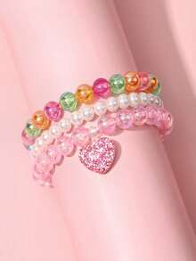 3pcs/Set Children's Minimalist Cute Heart Pendant Beaded Bracelet, Suitable For Girls' Daily Wear, Party, Gift - one-size - View 9