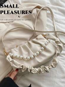 Fashionable Moire Chain Decor Ruched Bag Classic Carryalls Latest & Stylish Cloud Sling Bag With Chain Handle And Detachable Strap (Beige), For Women, Rookies & White-Collar Workers,For Teacher Gifts,For Female,For Lady For Business/Commute/Work/Office,For Festivals/Vacation/Holiday,For Summer , Teacher Gift , Office Bag - 白色 - 查看 5