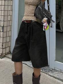 Quần short denim ống đứng dáng rộng màu đen ánh kim phong cách retro dành cho nữ, không kèm thắt lưng, thích hợp cho mùa xuân/hè. - màu đen - Xem 2
