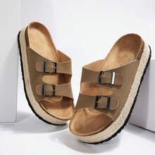 Womens Open Toe Slides Braided Flip Flops Summer Sandals - 11128卡其色 - 查看 4