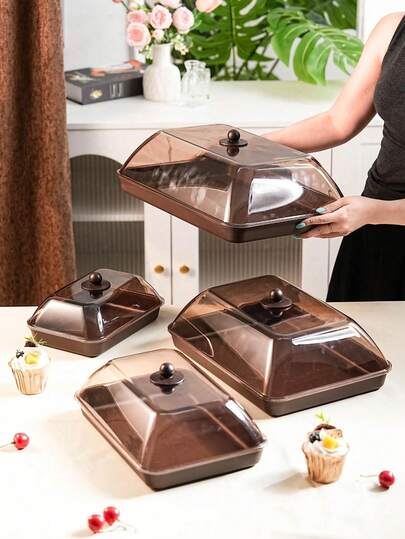 一套塑料PET材质多尺寸长方形防尘展示托盘，带盖，不易碎，创意木纹托盘，长方形，家用水杯、茶杯、茶具收纳托盘，塑料防尘盖，蛋糕、甜点盘，可重复使用，水果、零食、面包、蛋糕托盘，适用于各种节日、庆典、婚礼、派对和宴会。