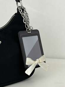 INS Style Pearl Bow Black Acrylic Hard Card Holder, Fashion Faux Pearl Black Mesh Bow Keychain With Black Clip, Fashion Phone Case Pearl Pendant, Minimalist Bow Design, Sliding Double Card Slot, Pearl Bow Keychain, Small Card Holder, Bus Card Holder, Seamless, Bank Card Holder, Metro Card Storage, Portable Hanging, Adjustable ID Card Holder Pendant Keychain, Suitable For Office Workers And Students, Perfect Gift, Mother's Day, Easter, Independence Day, Back To School, Wedding - Multicolor - View 2