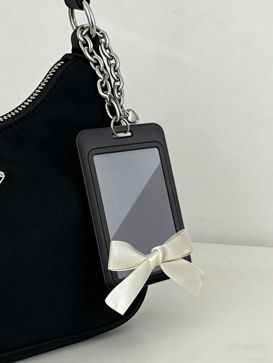 INS Style Pearl Bow Black Acrylic Hard Card Holder, Fashion Faux Pearl Black Mesh Bow Keychain With Black Clip, Fashion Phone Case Pearl Pendant, Minimalist Bow Design, Sliding Double Card Slot, Pearl Bow Keychain, Small Card Holder, Bus Card Holder, Seamless, Bank Card Holder, Metro Card Storage, Portable Hanging, Adjustable ID Card Holder Pendant Keychain, Suitable For Office Workers And Students, Perfect Gift, Mother's Day, Easter, Independence Day, Back To School, Wedding